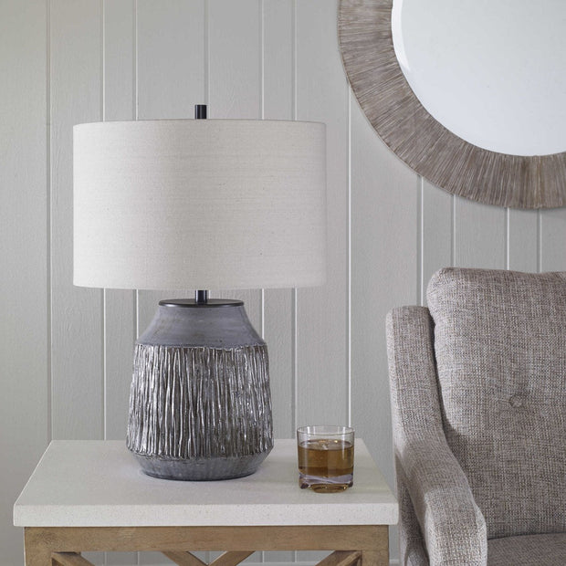 Uttermost Neolithic Blue Gray Crackle Glazed Ceramic Table Lamp With Oatmeal Linen Shade