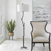 Uttermost Spruce Black Iron Floor Lamp With Light Gray Linen Shade