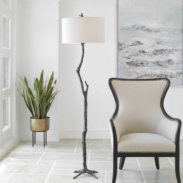 Uttermost Spruce Black Iron Floor Lamp With Light Gray Linen Shade