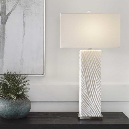 Uttermost Pillar Ivory Stone Table Lamp With White Linen Shade