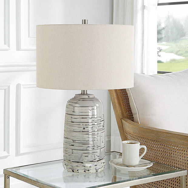 Uttermost Cyclone Ivory and Gray Glazed Ceramic Table Lamp With Light Beige Linen Shade