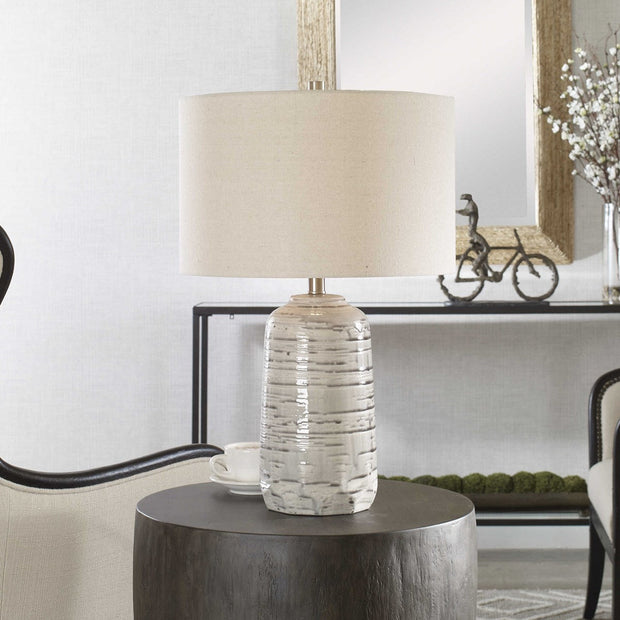 Uttermost Cyclone Ivory and Gray Glazed Ceramic Table Lamp With Light Beige Linen Shade