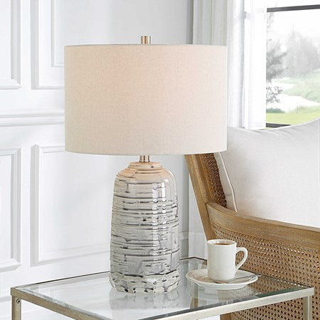 Uttermost Cyclone Ivory and Gray Glazed Ceramic Table Lamp With Light Beige Linen Shade