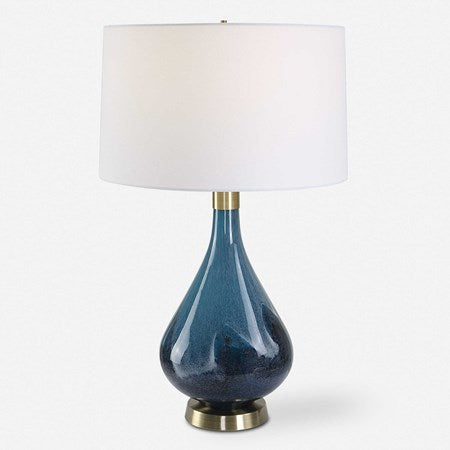 Uttermost Riviera Sapphire and Navy Blue Glass Table Lamp With White Linen Shade