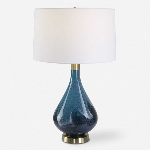 Uttermost Riviera Sapphire and Navy Blue Glass Table Lamp With White Linen Shade