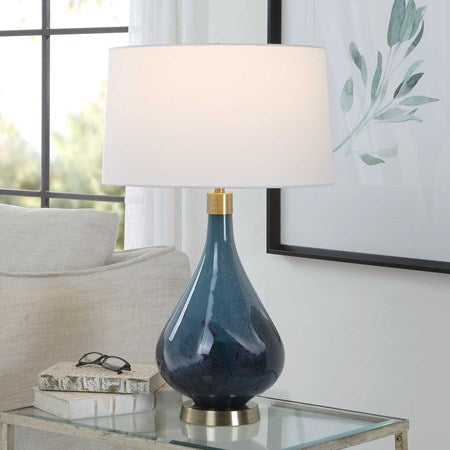 Uttermost Riviera Sapphire and Navy Blue Glass Table Lamp With White Linen Shade