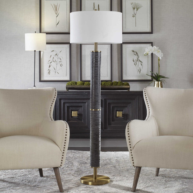 Uttermost Summit Gray Black and Antique Brass Floor Lamp With White Linen Shade