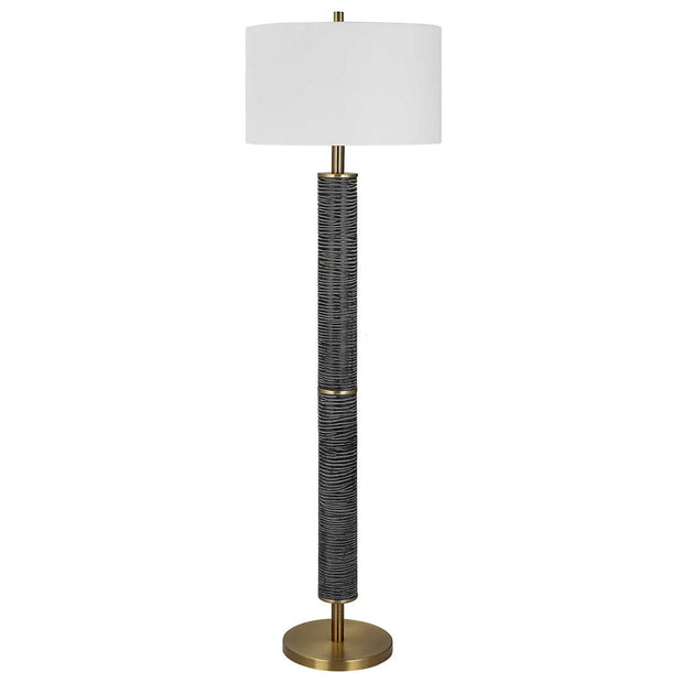 Uttermost Summit Gray Black and Antique Brass Floor Lamp With White Linen Shade