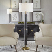 Uttermost Summit Gray Black and Antique Brass Floor Lamp With White Linen Shade