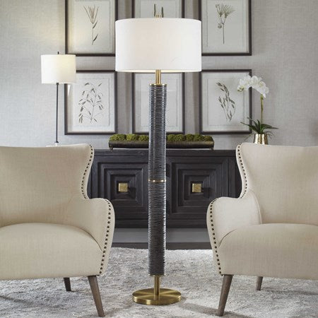 Uttermost Summit Gray Black and Antique Brass Floor Lamp With White Linen Shade