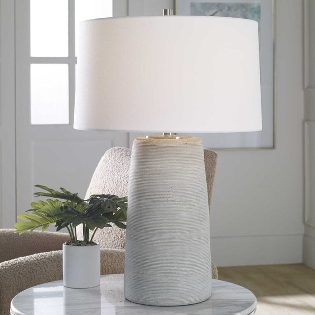Uttermost Mountainscape Off-White and Gray Ceramic Table Lamp With White Linen Shade