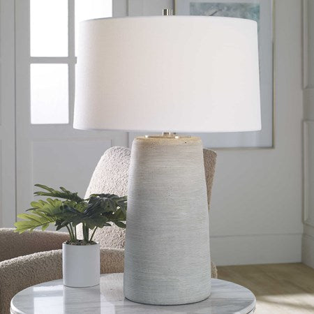 Uttermost Mountainscape Off-White and Gray Ceramic Table Lamp With White Linen Shade