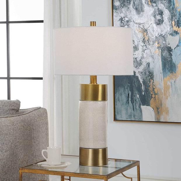 Uttermost Adelia Ivory Crackle Glaze Ceramic and Brushed Brass Table Lamp With Drum Shade