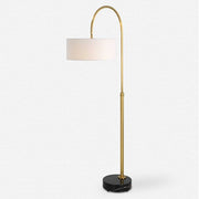 Uttermost Huxford Antiqued Brushed Brass Iron Floor Lamp With White Linen Shade