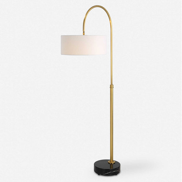 Uttermost Huxford Antiqued Brushed Brass Iron Floor Lamp With White Linen Shade
