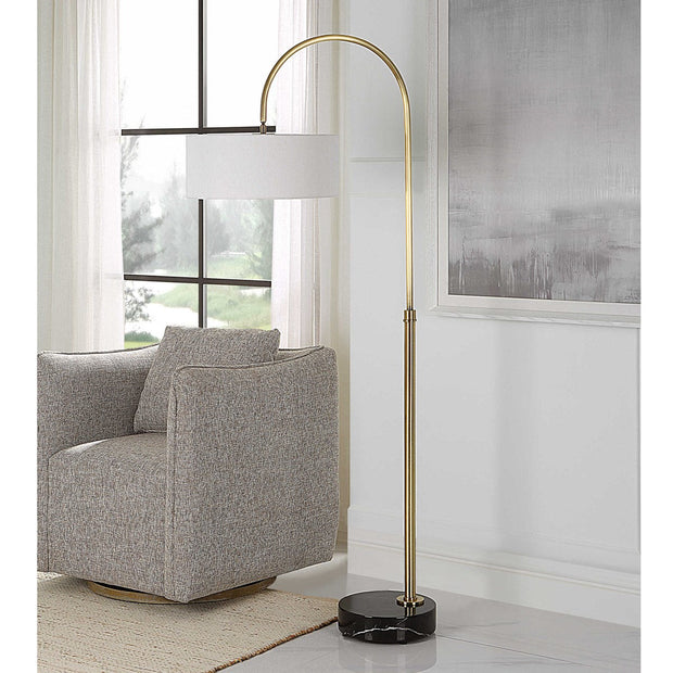 Uttermost Huxford Antiqued Brushed Brass Iron Floor Lamp With White Linen Shade