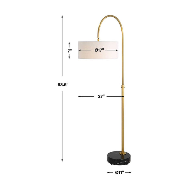 Uttermost Huxford Antiqued Brushed Brass Iron Floor Lamp With White Linen Shade