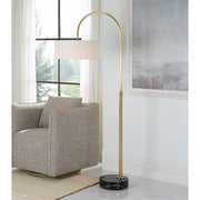 Uttermost Huxford Antiqued Brushed Brass Iron Floor Lamp With White Linen Shade