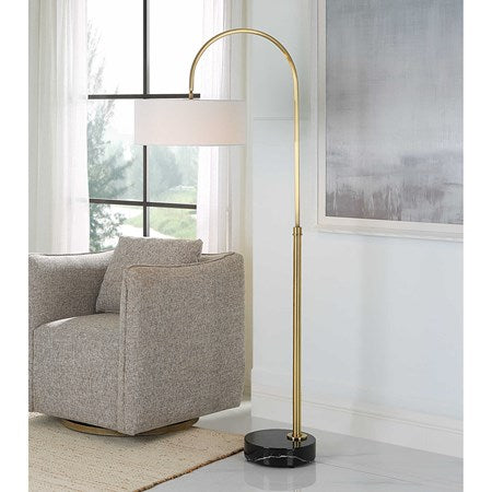 Uttermost Huxford Antiqued Brushed Brass Iron Floor Lamp With White Linen Shade