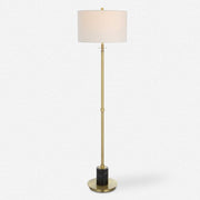 Uttermost Guard Antiqued Brass Iron Floor Lamp With White Linen Shade