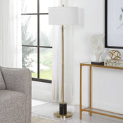 Uttermost Guard Antiqued Brass Iron Floor Lamp With White Linen Shade