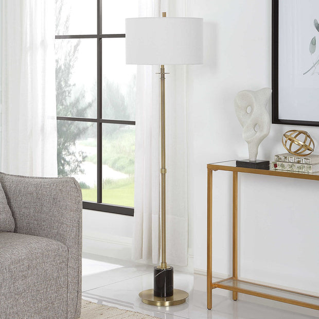 Uttermost Guard Antiqued Brass Iron Floor Lamp With White Linen Shade