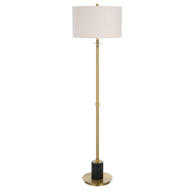 Uttermost Guard Antiqued Brass Iron Floor Lamp With White Linen Shade