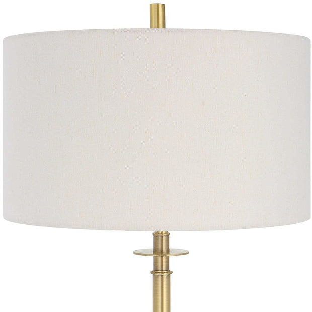 Uttermost Guard Antiqued Brass Iron Floor Lamp With White Linen Shade
