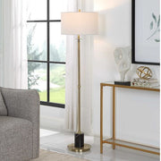 Uttermost Guard Antiqued Brass Iron Floor Lamp With White Linen Shade