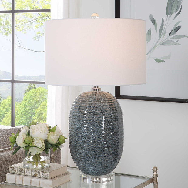 Uttermost Caralina Blue Green Glazed Textured Ceramic Table Lamp With White Linen Shade