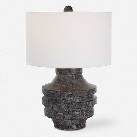 Uttermost Timber Carved Black Wood Table Lamp With White Shade