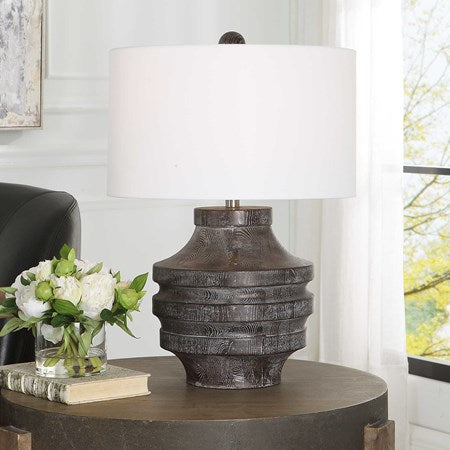 Uttermost Timber Carved Black Wood Table Lamp With White Shade