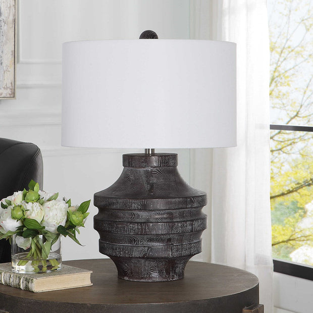Uttermost Timber Carved Black Wood Table Lamp With White Shade