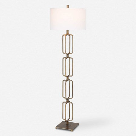 Uttermost Link Brushed Gold Iron Floor Lamp With White Linen Shade