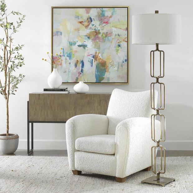 Uttermost Link Brushed Gold Iron Floor Lamp With White Linen Shade