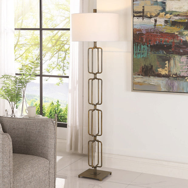 Uttermost Link Brushed Gold Iron Floor Lamp With White Linen Shade