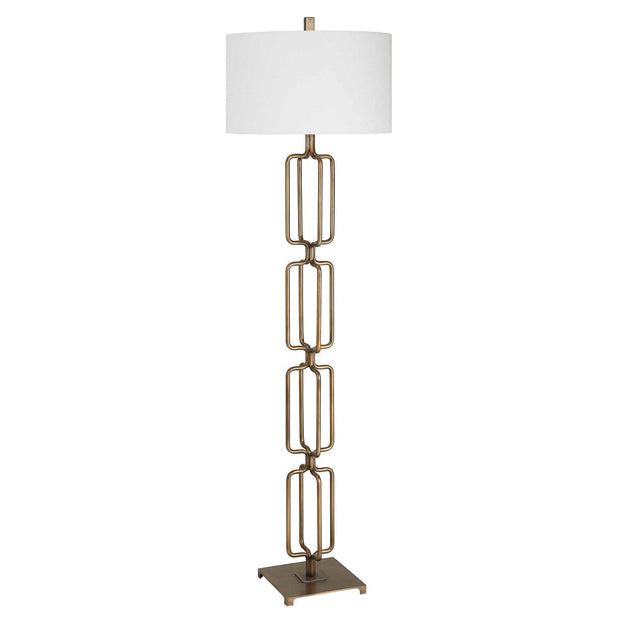 Uttermost Link Brushed Gold Iron Floor Lamp With White Linen Shade