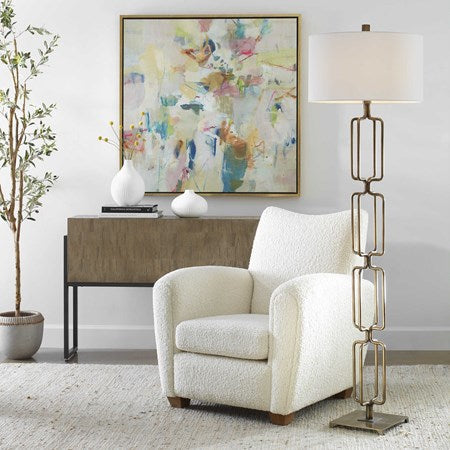 Uttermost Link Brushed Gold Iron Floor Lamp With White Linen Shade