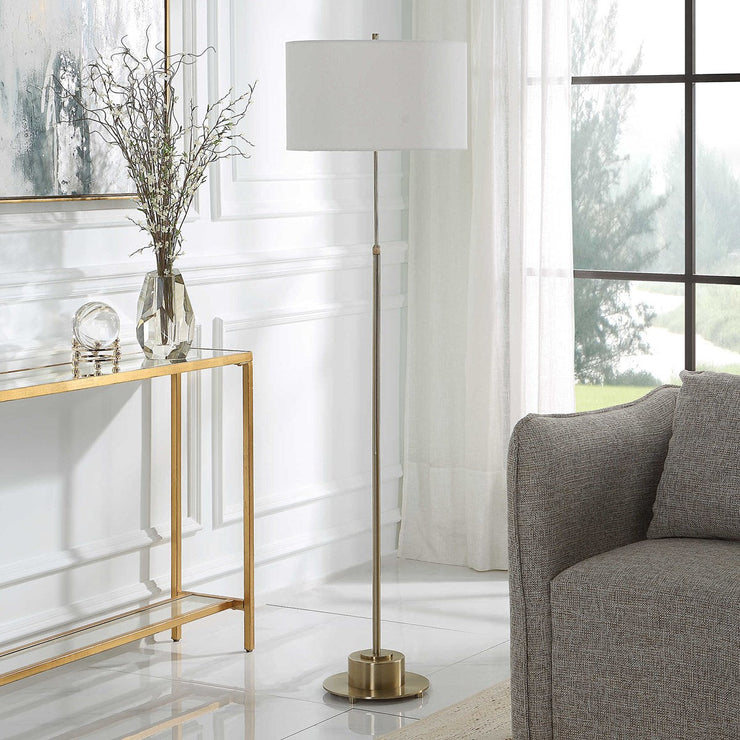 Uttermost Prominence Brushed Brass Floor Lamp With Linen Shade