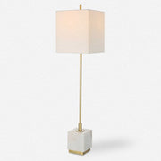 Uttermost Escort Brushed Brass and White Marble Buffet Lamp With Linen Shade