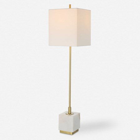 Uttermost Escort Brushed Brass and White Marble Buffet Lamp With Linen Shade