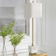 Uttermost Escort Brushed Brass and White Marble Buffet Lamp With Linen Shade