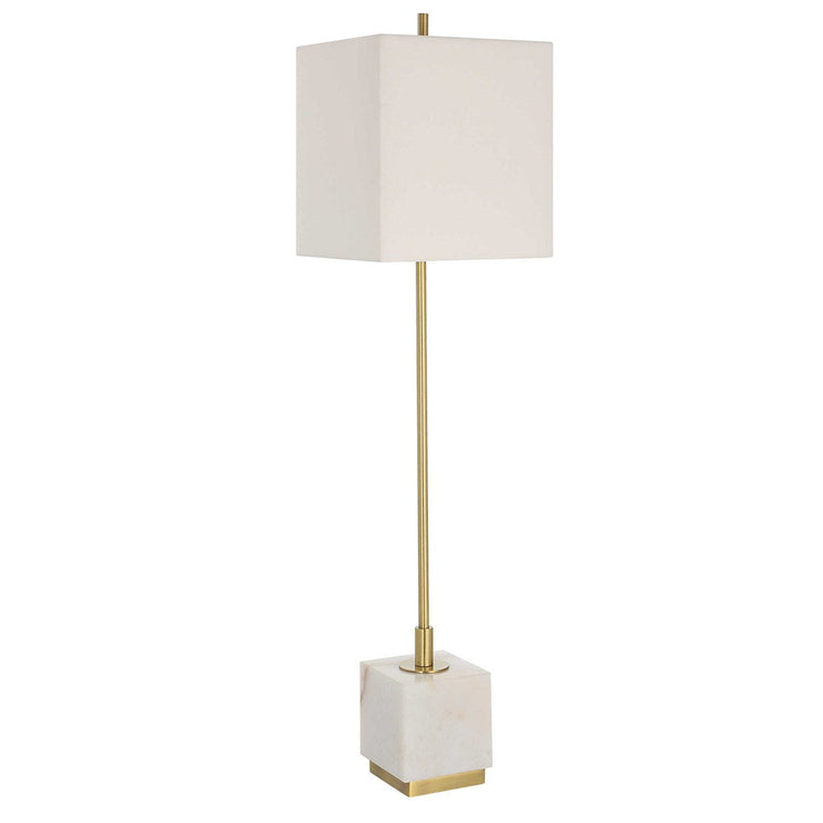 Uttermost Escort Brushed Brass and White Marble Buffet Lamp With Linen Shade