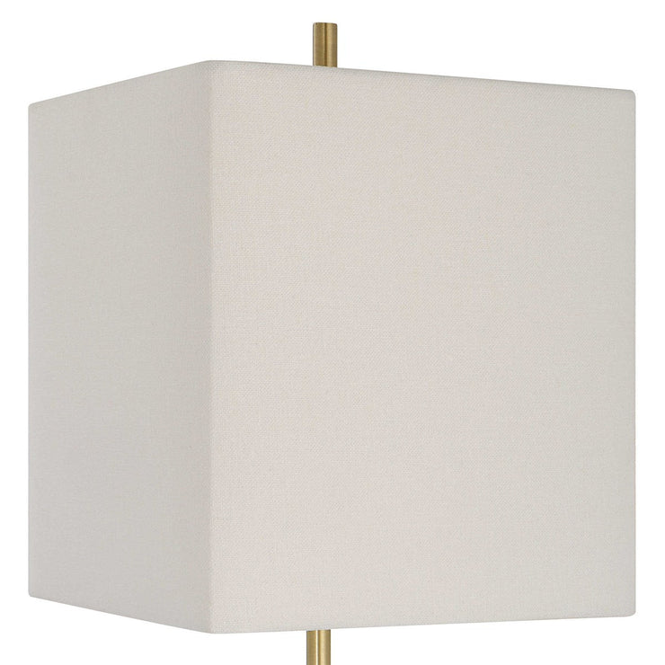 Uttermost Escort Brushed Brass and White Marble Buffet Lamp With Linen Shade