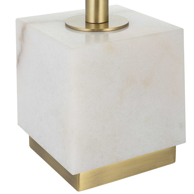 Uttermost Escort Brushed Brass and White Marble Buffet Lamp With Linen Shade