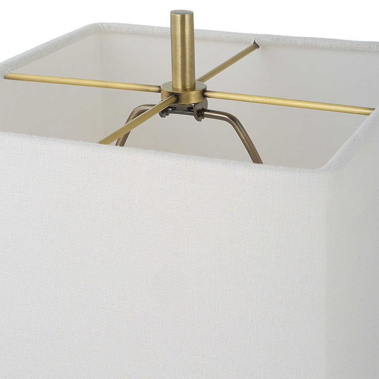 Uttermost Escort Brushed Brass and White Marble Buffet Lamp With Linen Shade