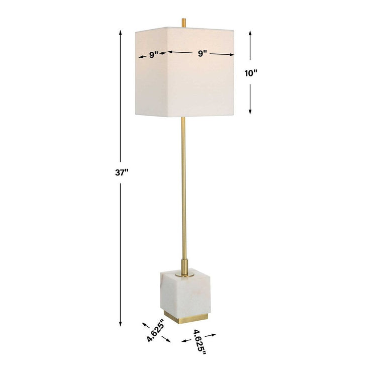 Uttermost Escort Brushed Brass and White Marble Buffet Lamp With Linen Shade