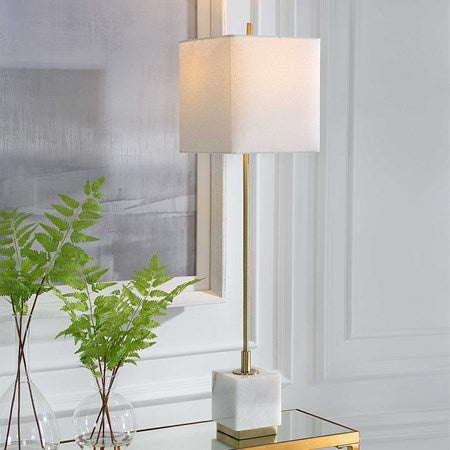 Uttermost Escort Brushed Brass and White Marble Buffet Lamp With Linen Shade