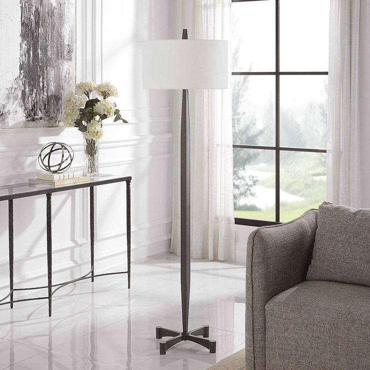 Uttermost Counteract Aged Black Iron Floor Lamp With White Linen Shade