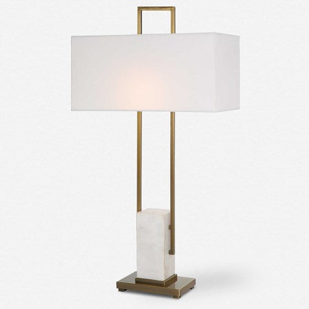 Uttermost Column Brass and Marble Table Lamp With White Linen Shade